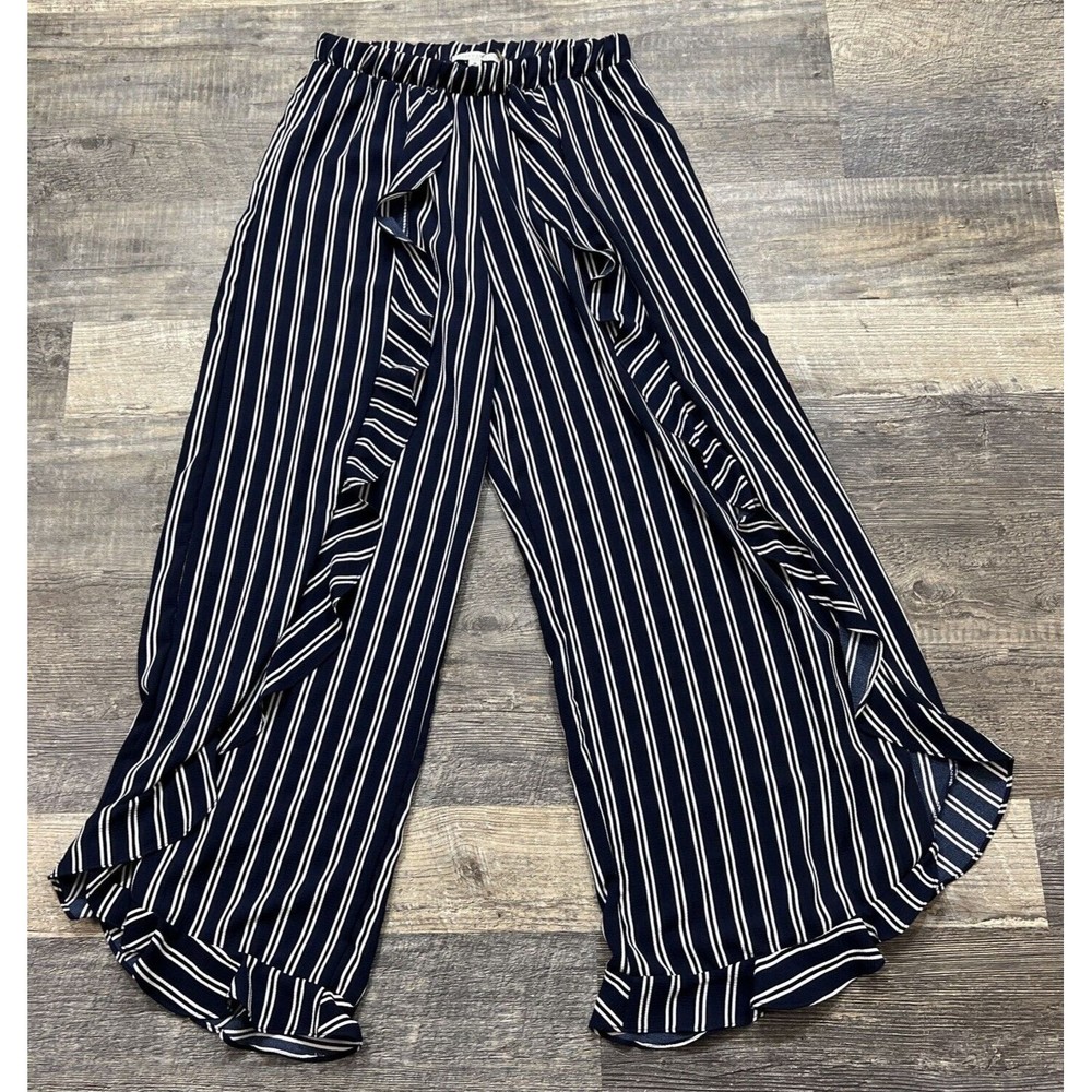 Green Envelope Women's Blue Striped Ruffle Wide-Leg Casual Pants Trouser Size M
